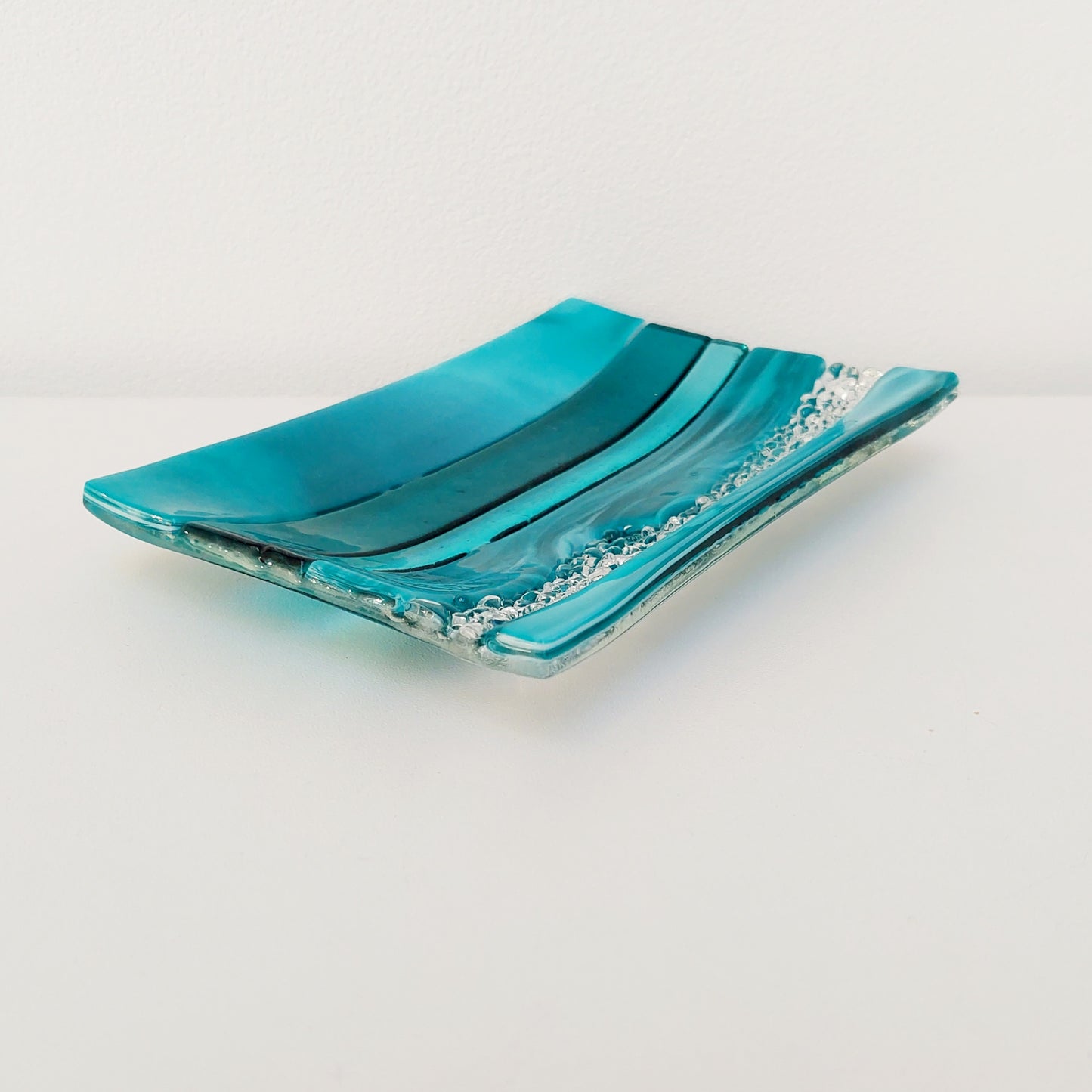 Aqua & Teal Glass Art Plate, Handmade Textured Soap Tray