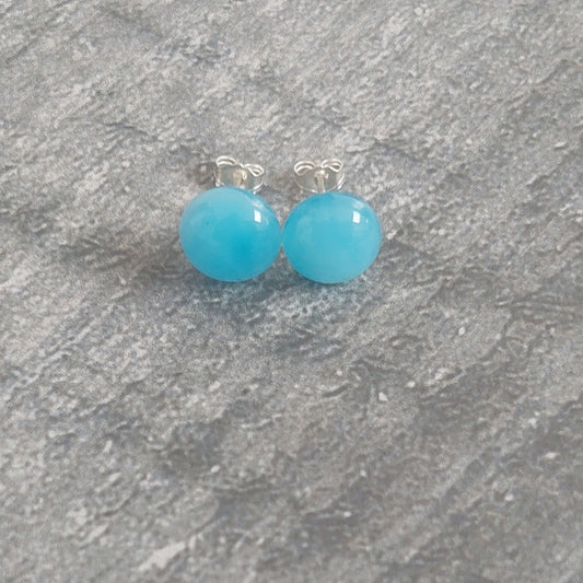 Pastel Turquoise Glass Art Stud Earrings, Small Handmade Blue Fused Glass Studs with Sterling Silver Posts and Butterflies