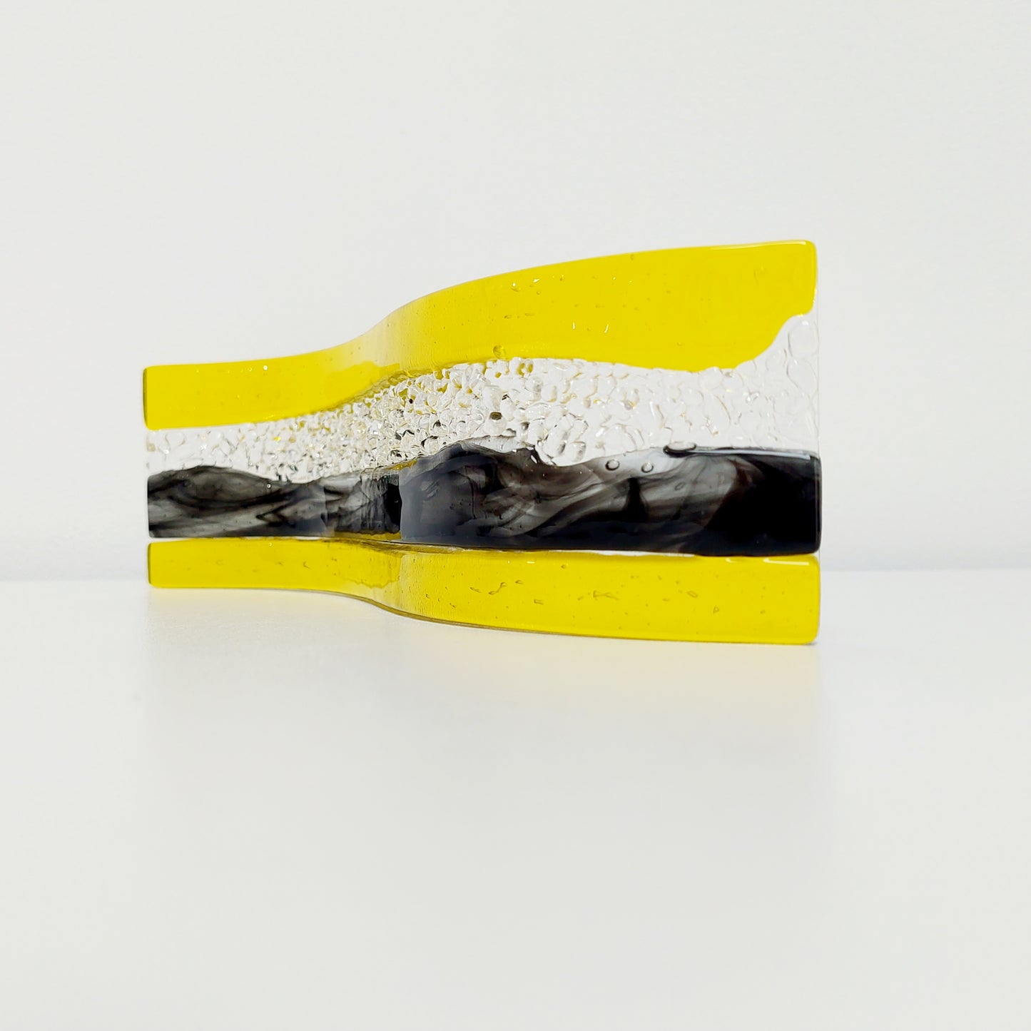 November Sunshine Glass Art Wave, Yellow and Black Sculpture