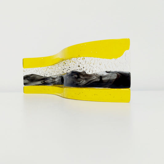 November Sunshine Glass Art Wave, Yellow and Black Sculpture
