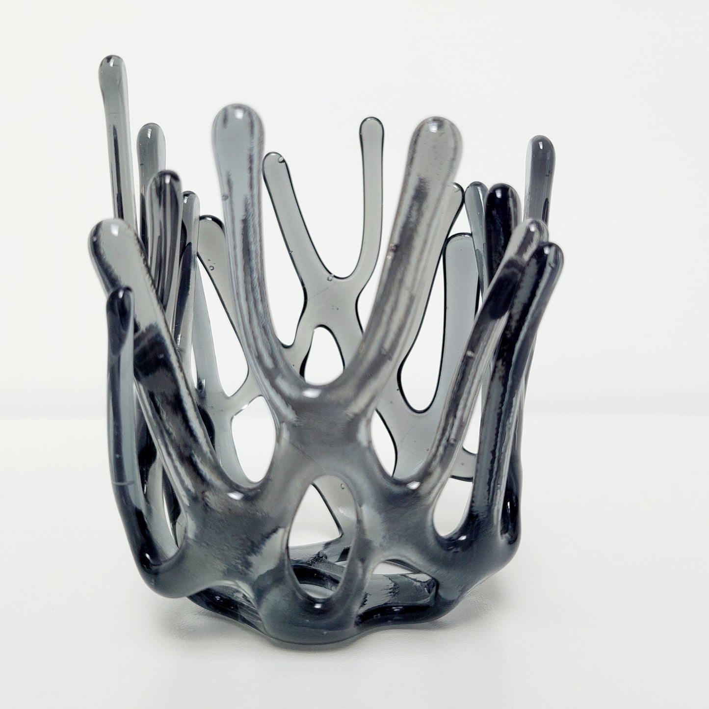Handcrafted Silver Grey Glass Art Sculpture, Asymmetrical Coral Vase
