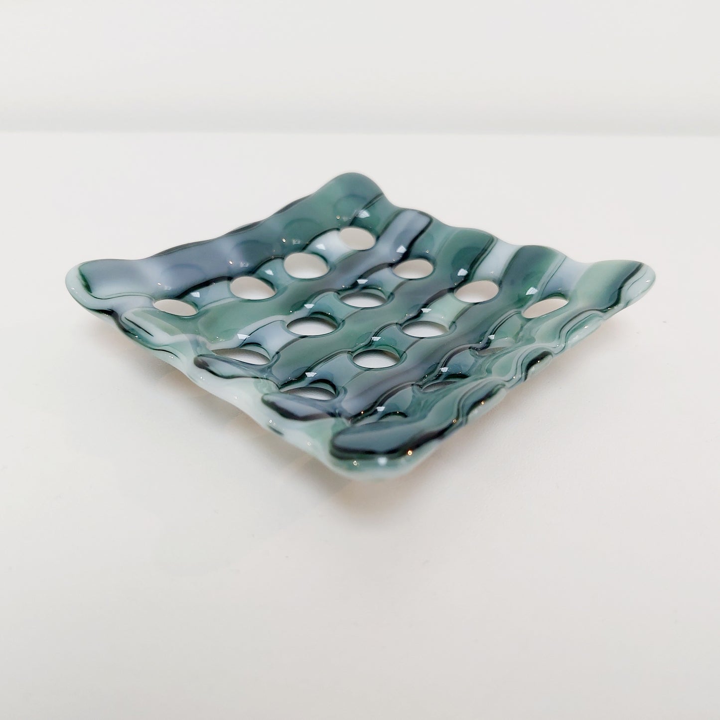Summer on the Fells Glass Soap Tray with Holes, Green Bathroom Décor