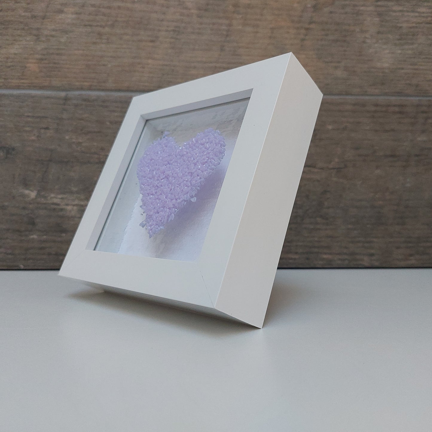 Framed Lilac Glass Heart, Freestanding Picture, Light Purple Wall Decor