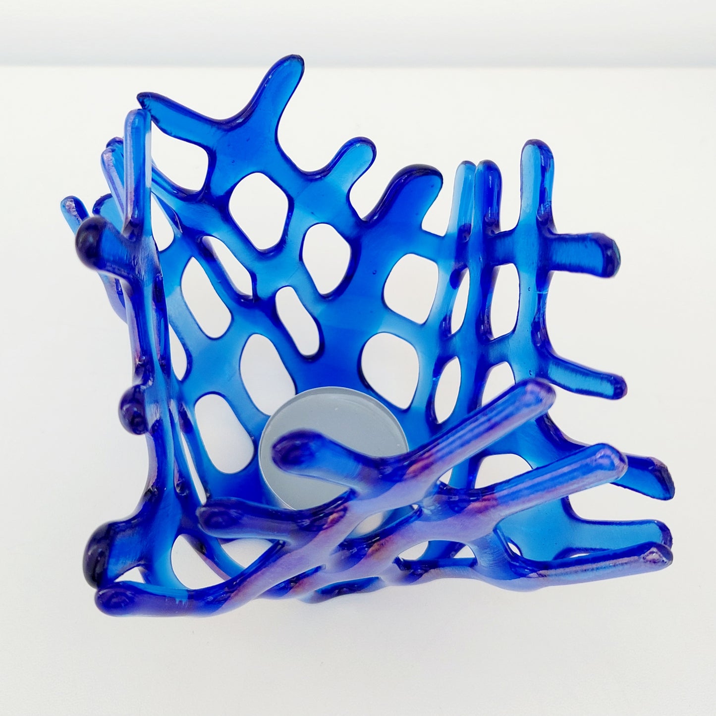 Handcrafted Iridescent Blue Glass Basket, Asymmetrical Coral Vase, Art Sculpture
