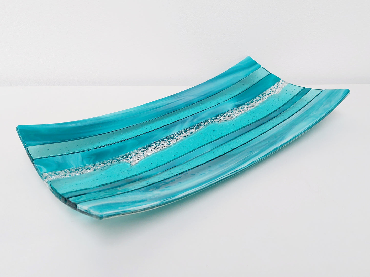 Teal and Aqua Glass Art Plate, Large Handmade Fused Glass Decorative Tray