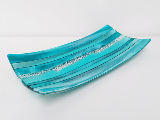 Teal and Aqua Glass Art Plate, Large Handmade Fused Glass Decorative Tray