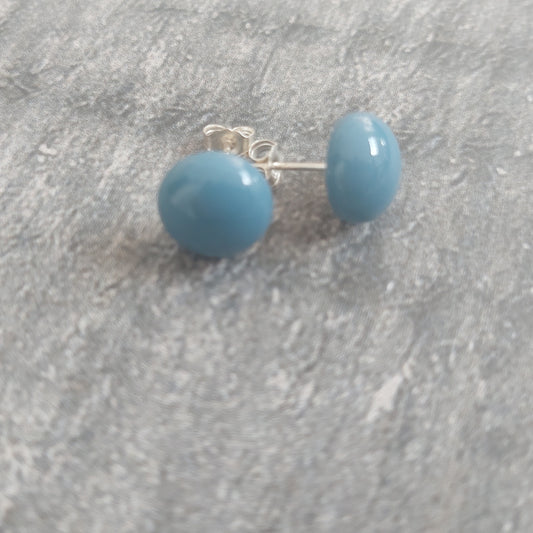 Blue-Grey Glass Stud Earrings with 925 Sterling Silver Posts and Butterflies, Handmade Minimalist Fused Glass Studs, Small Blue Earrings