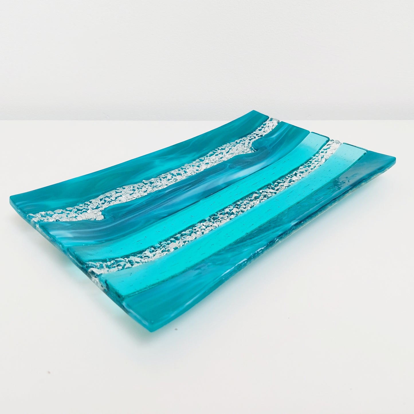 Teal and Aqua Glass Art Plate, Handcrafted Decorative Tray