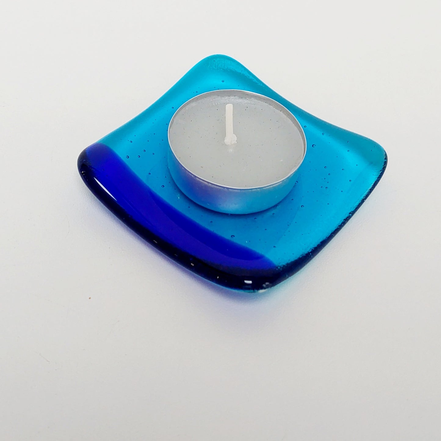 Turquoise Glass Art Ring Bowl with Cobalt Blue Accent, Handmade Bedside Table Trinket Dish