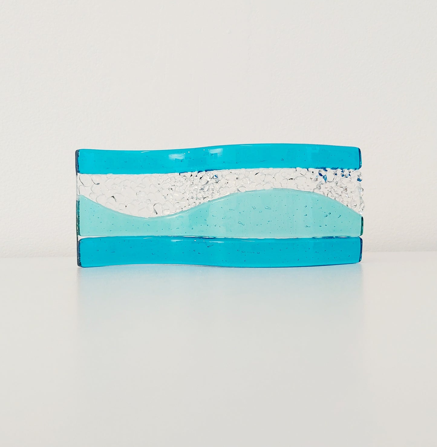 Derwent Water Glass Art Ornament, Small Aqua & Turquoise Fused Glass Wave