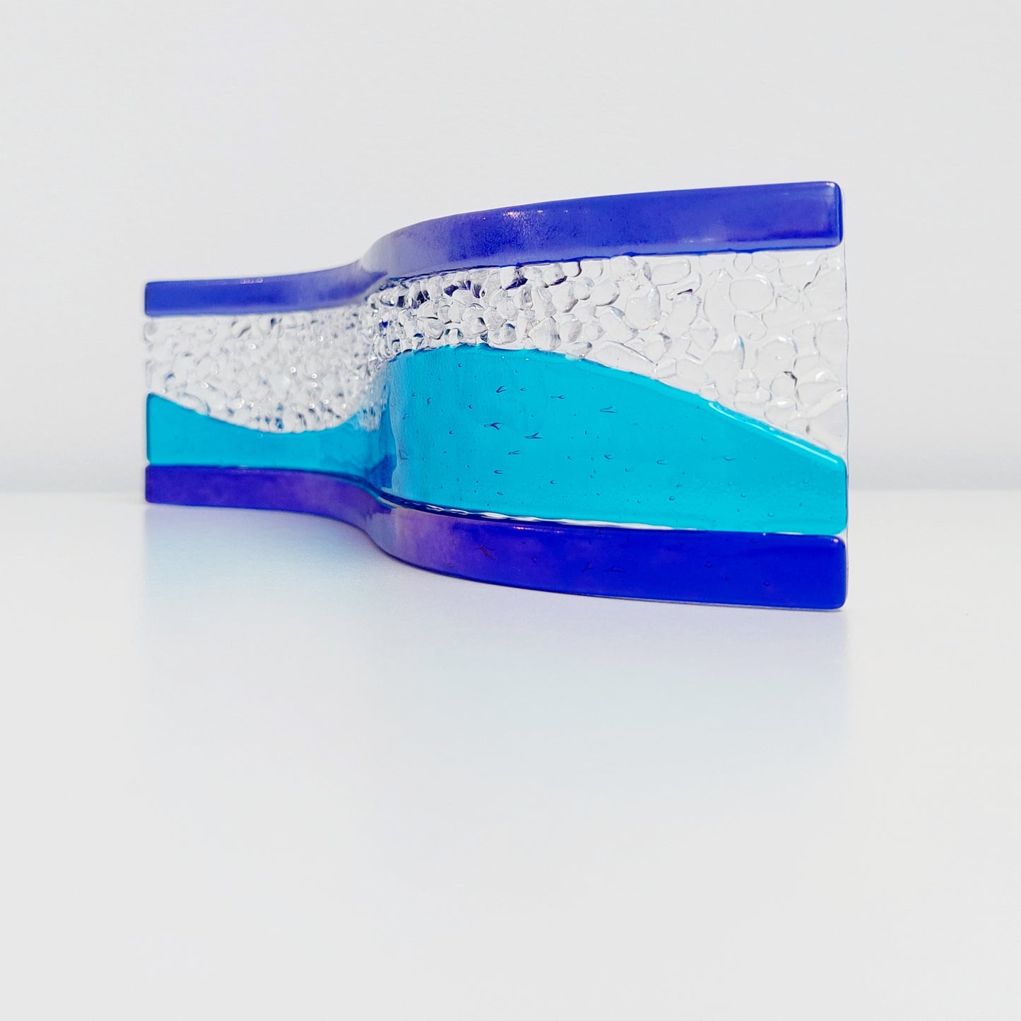 Turquoise and Iridescent Blue Glass Art Ornament |Freestanding Wave | S Curve