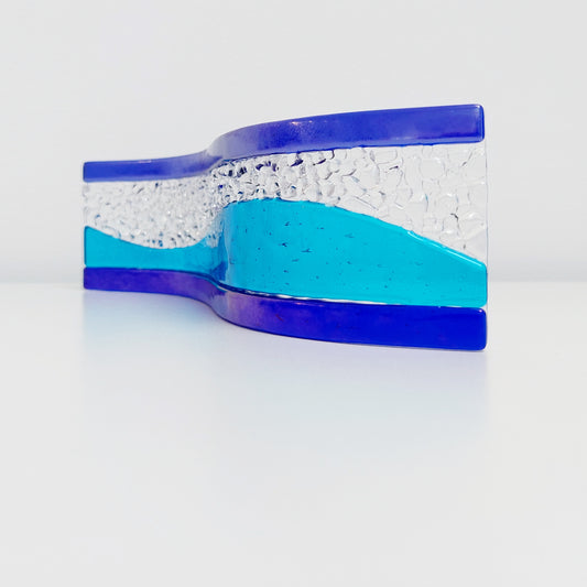 Turquoise and Iridescent Blue Glass Art Ornament |Freestanding Wave | S Curve