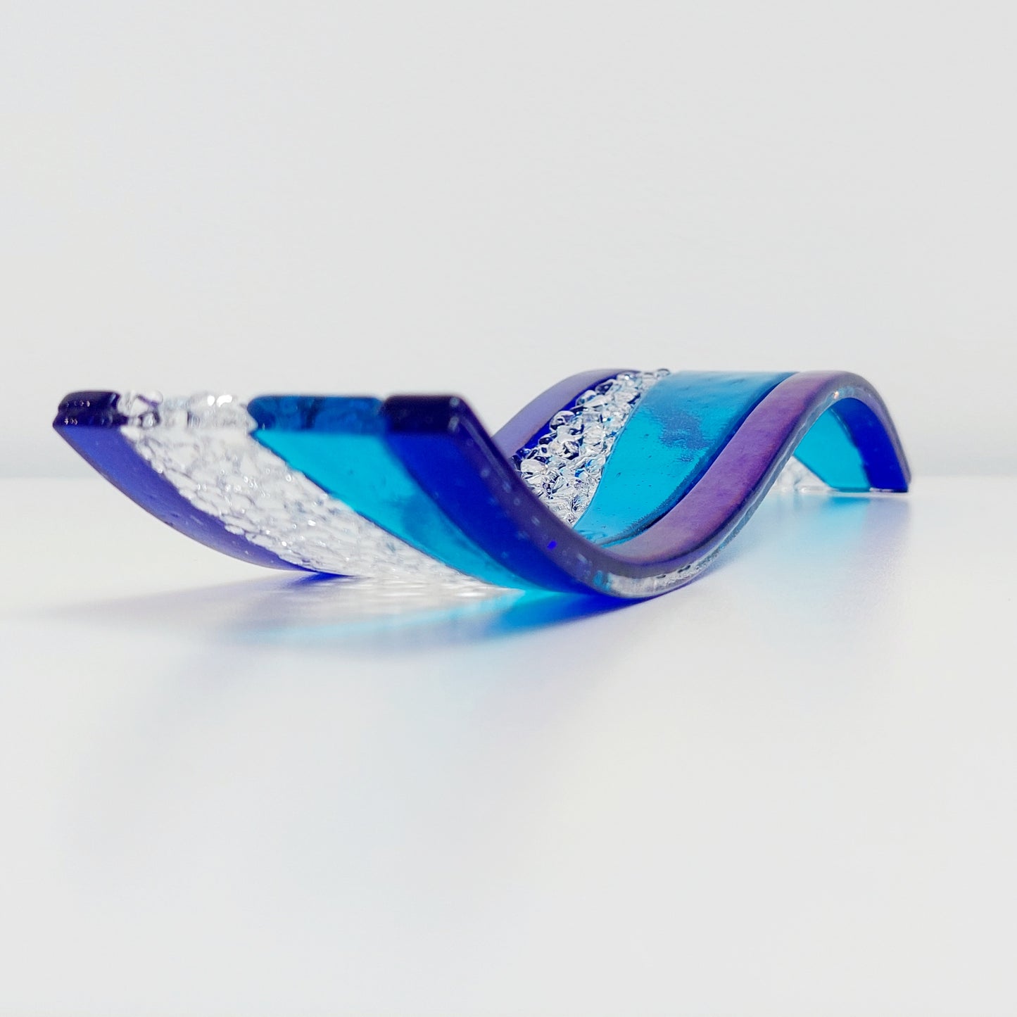 Turquoise and Iridescent Blue Glass Art Ornament |Freestanding Wave | S Curve
