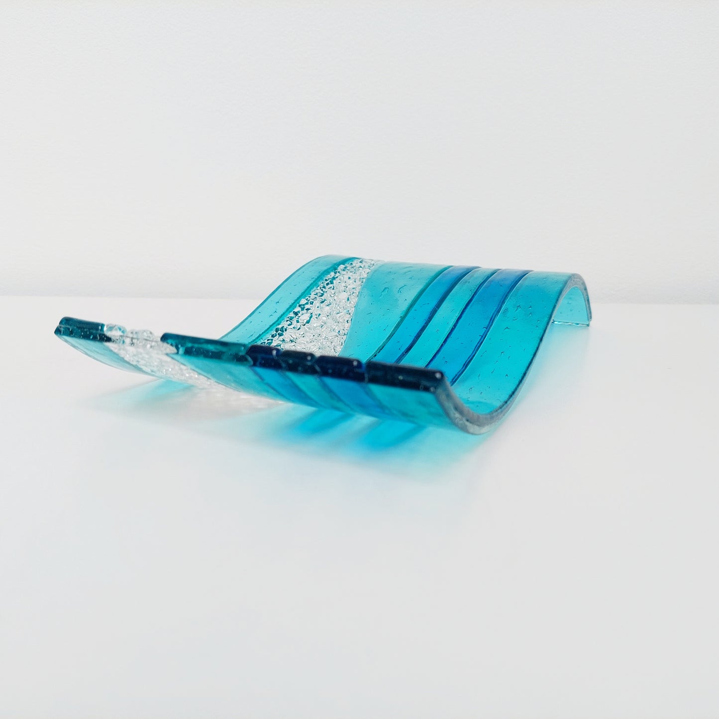 Large Aqua Glass Art Wave with Turquoise Accents, Handmade Textured Fused Glass Ornament, Aqua Décor, Beach House Décor, Lake District Gift