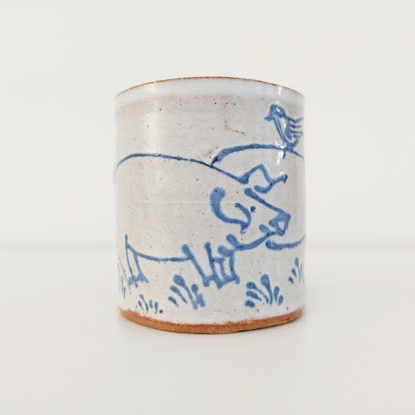 Handcrafted Earthenware Mug – Hans Ullrich | Blue & White Pig & Bird Design