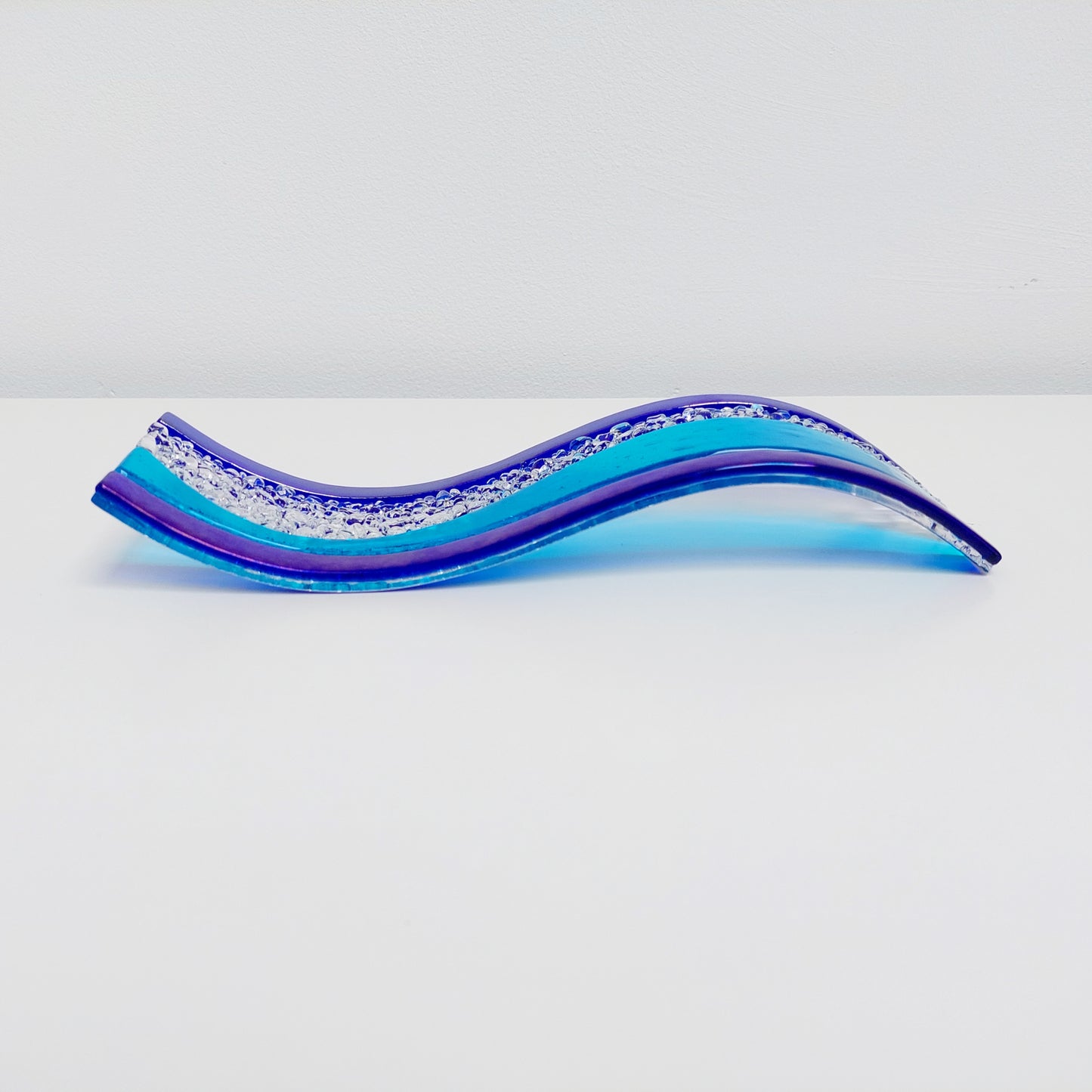 Turquoise and Iridescent Blue Glass Art Ornament |Freestanding Wave | S Curve