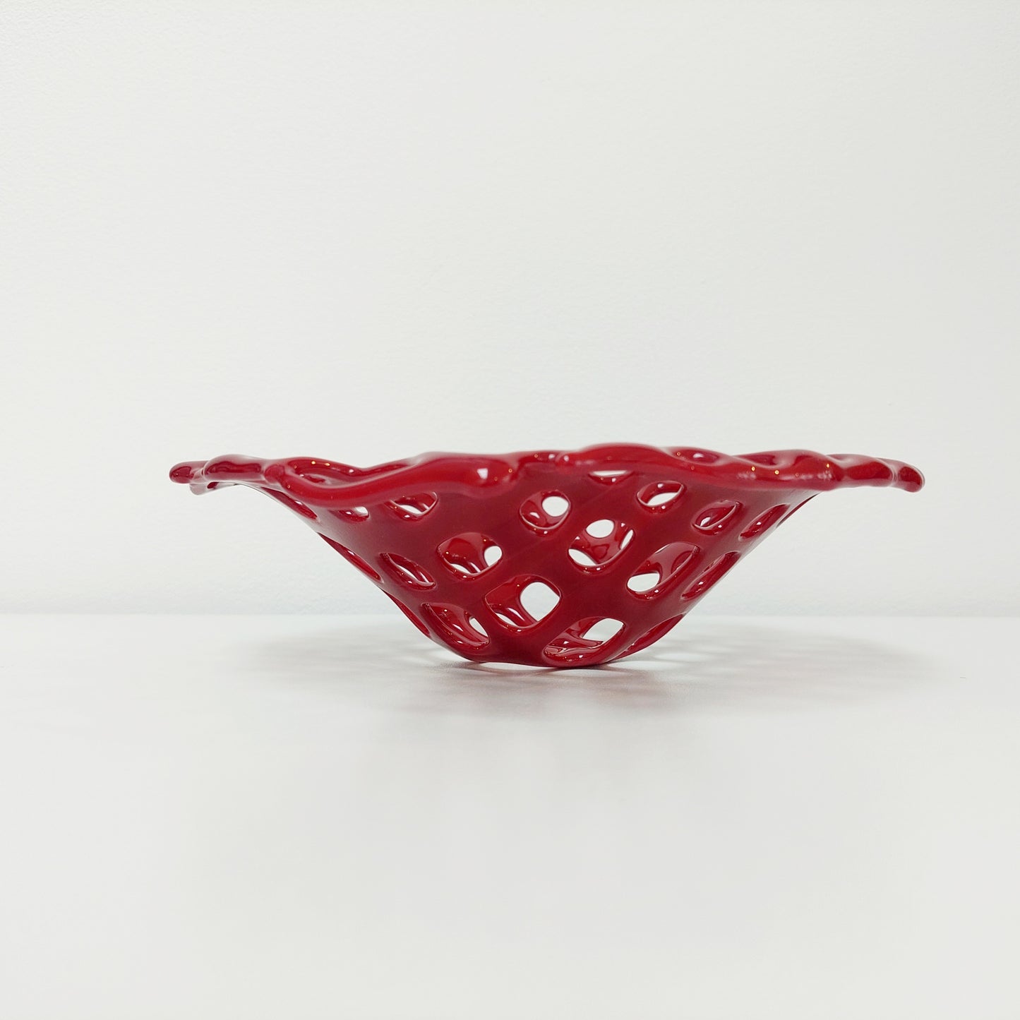 Dark Red Glass Coral Bowl, Organic Kiln Formed Sculptural Basket