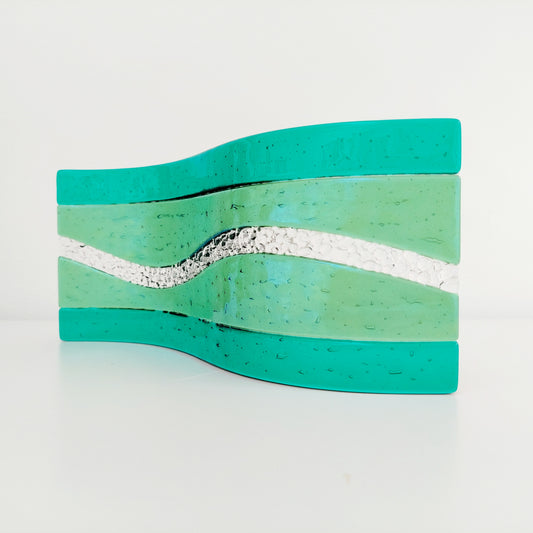 Emerald & Iridescent Light Green Glass Art Wave