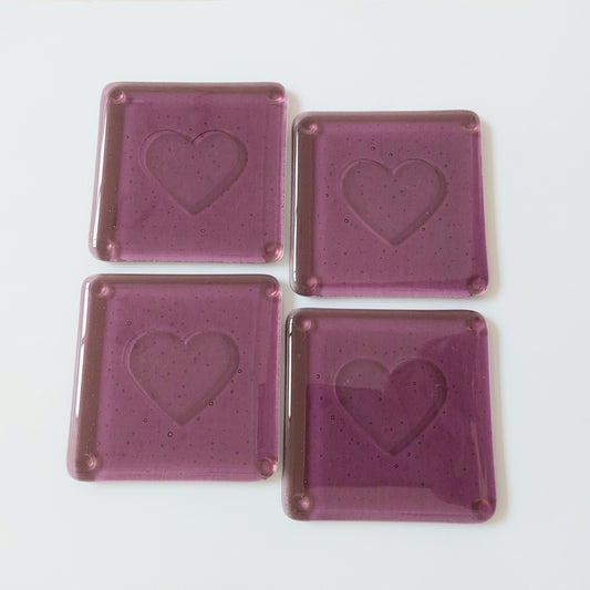 Plum Glass Coasters with a Kiln Carved Heart Design: Set of 4 Handmade Coasters