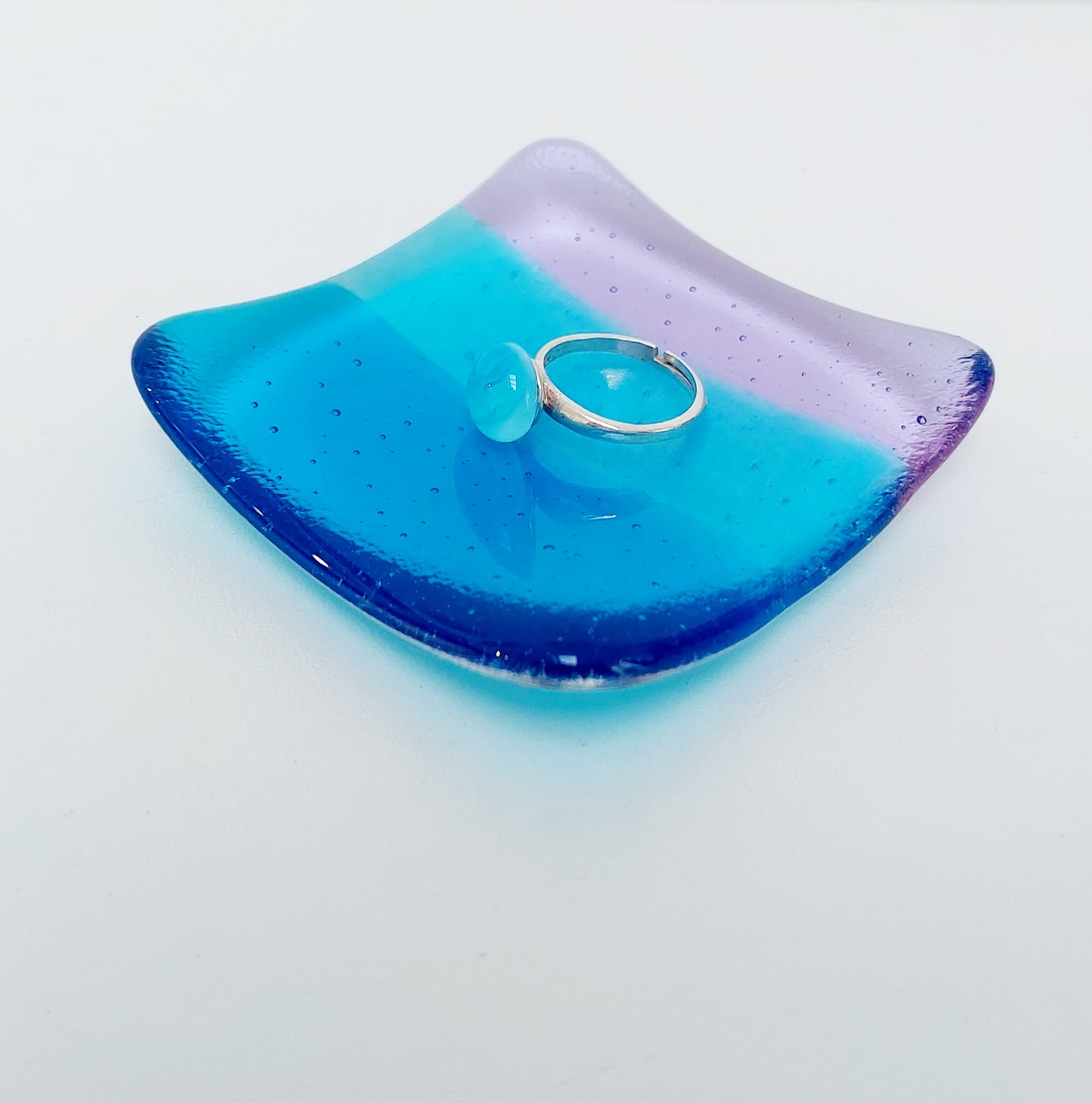 Turquoise & Lilac Glass Ring Dish, Small Bedside Table Trinket Dish