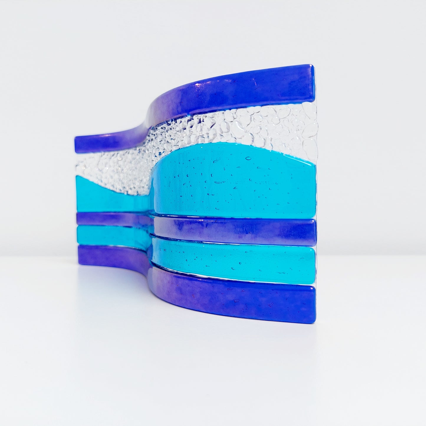 Handcrafted Blue Glass Art Ornament, Lake Windermere Inspired Freestanding Wave | S Curve
