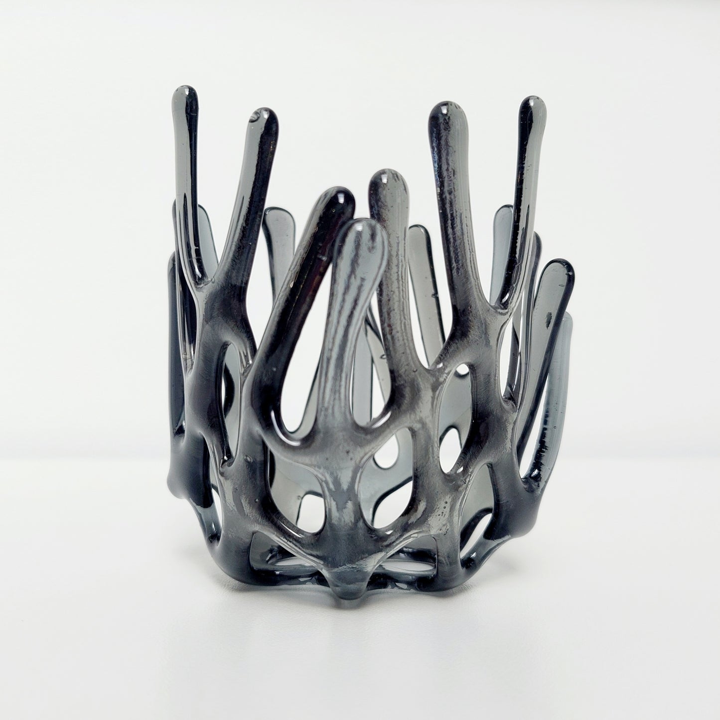 Handcrafted Silver Grey Glass Art Sculpture, Asymmetrical Coral Vase