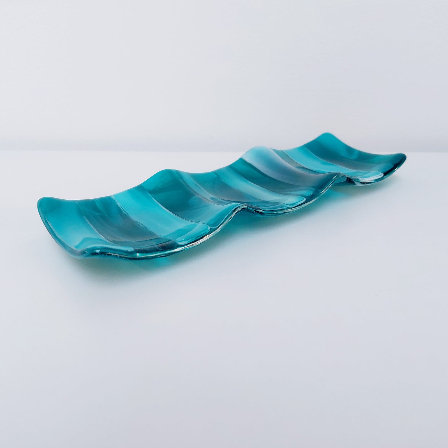 Handmade Teal Glass Candle Stand Kiln Formed in the Lake District