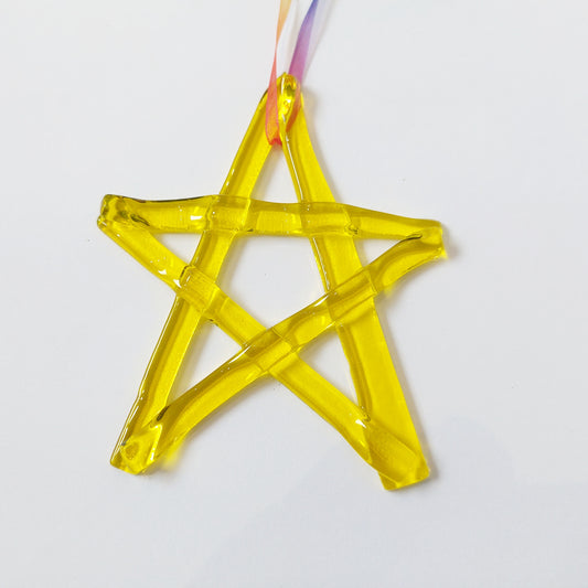 Yellow Kiln Formed Glass Star, Handmade Christmas Tree Ornament