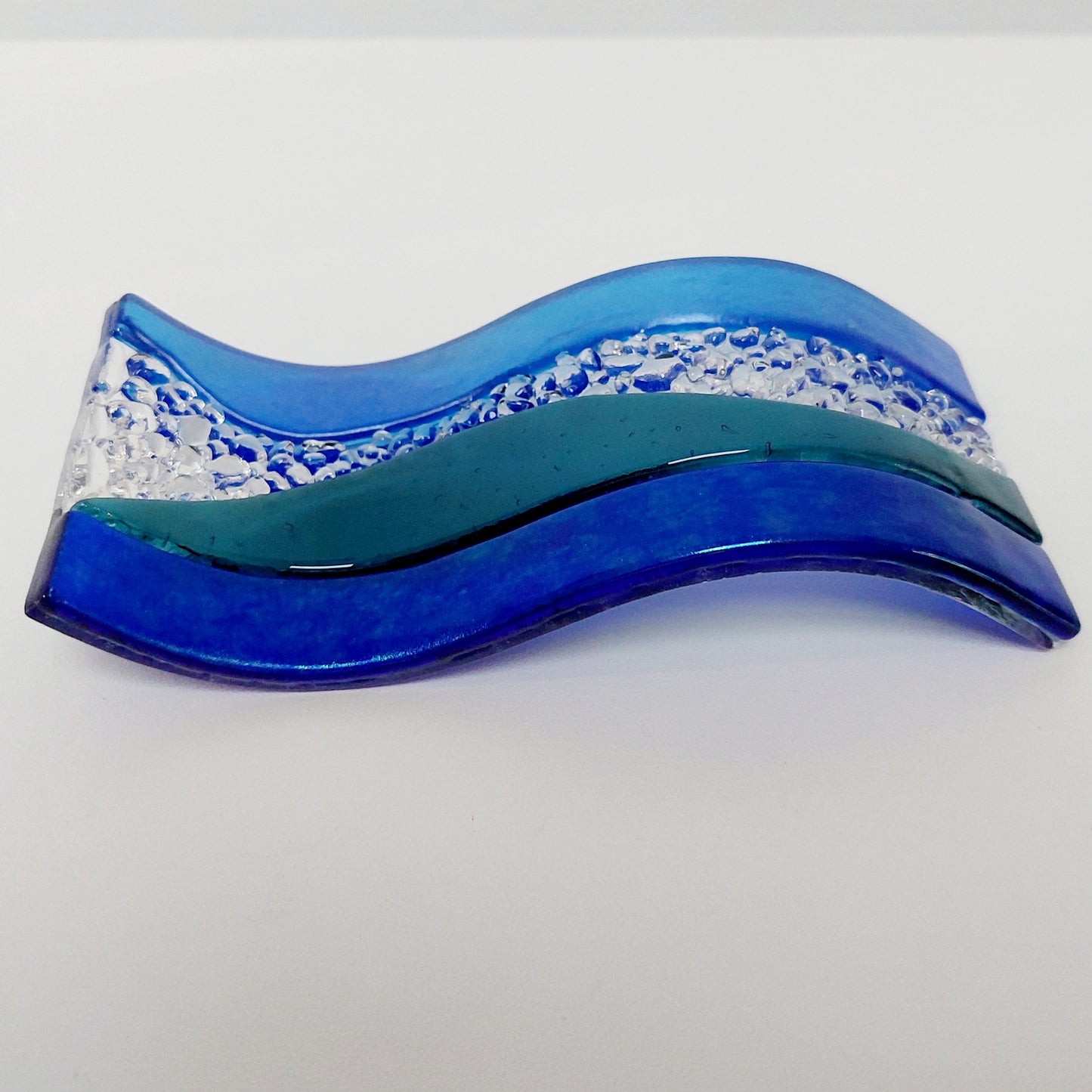 Handcrafted Lake District Glass Ornament, Small Blue Green Fused Glass Wave