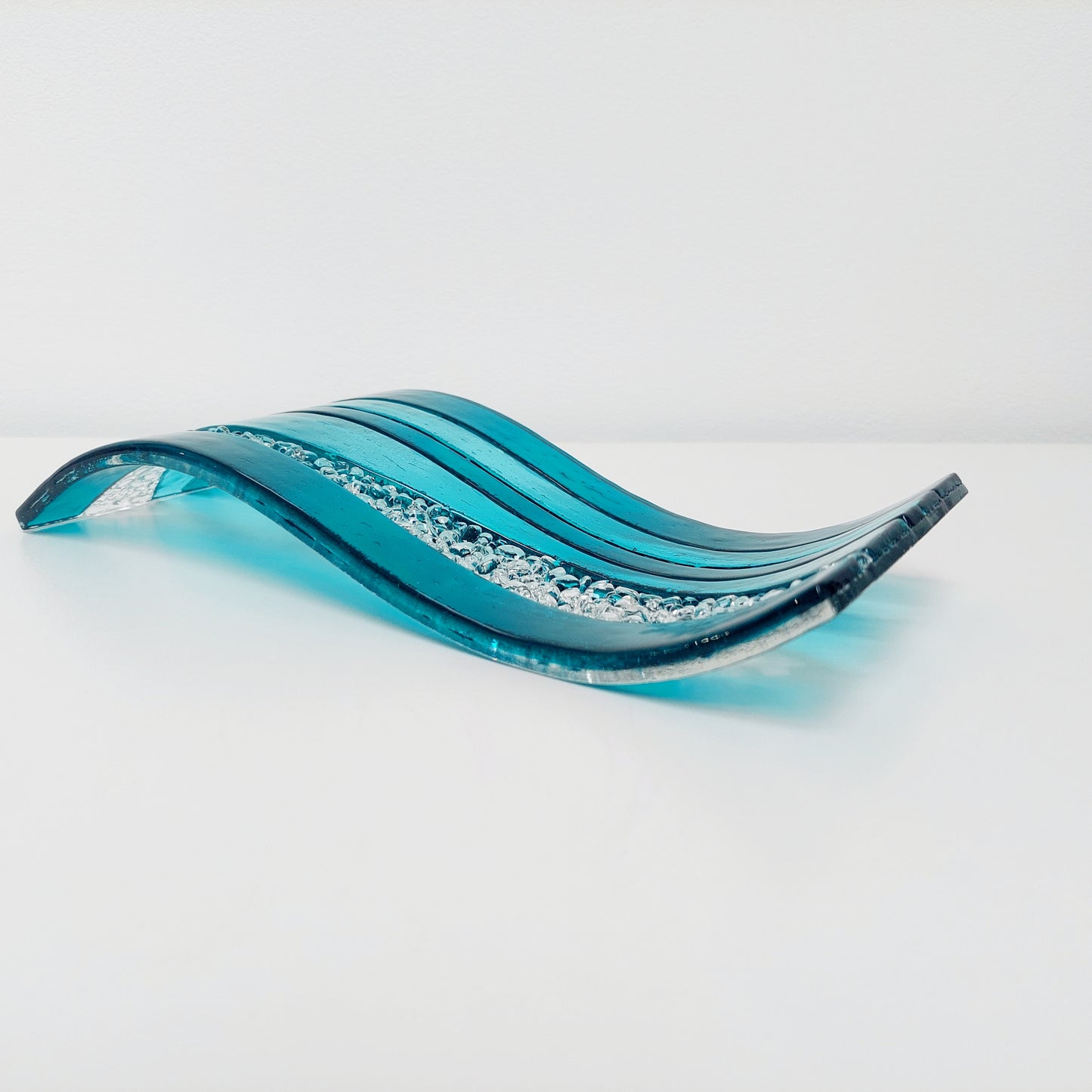 Aqua and Teal Glass Wave, Artisanal Fused Glass Ornament, Freestanding Textured Glass Art Panel, Teal Living Room Décor, Lake District Glass