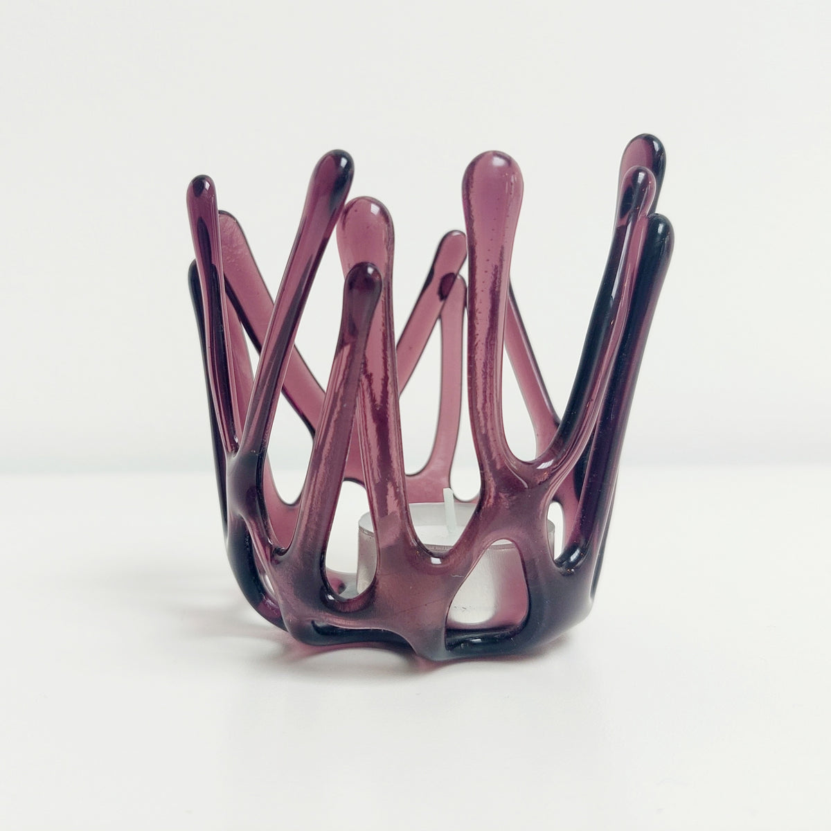 Handcrafted Plum Glass Candle Holder | Asymmetrical Art Sculpture