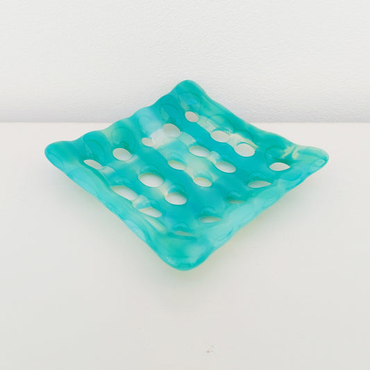 Rydal Water Glass Soap Dish with Holes, Handcrafted Light Green Soap Tray