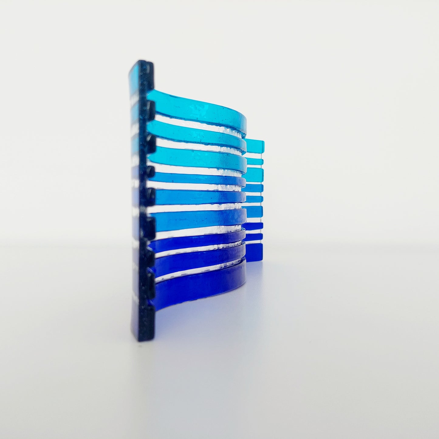 Blue Fused Glass Art Ornament, Freestanding Wavy Glass Panel, Blue Home Décor, Handmade Blue Living Room Ornament, Blue Bathroom Ornament